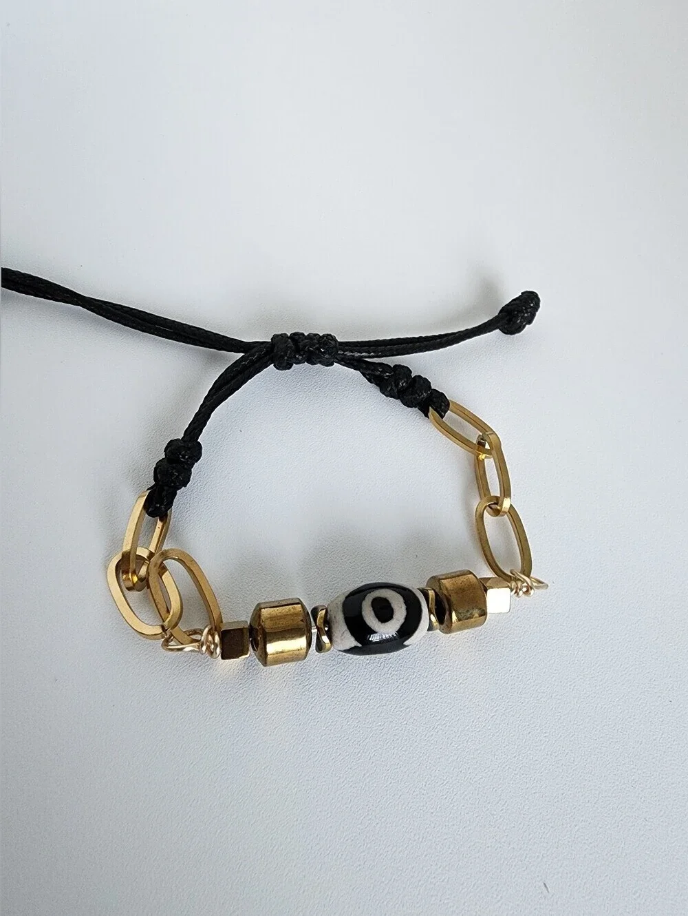 Evil Eye Bracelet Gold Tone Black Cord Adjustable Protection Bracelet
